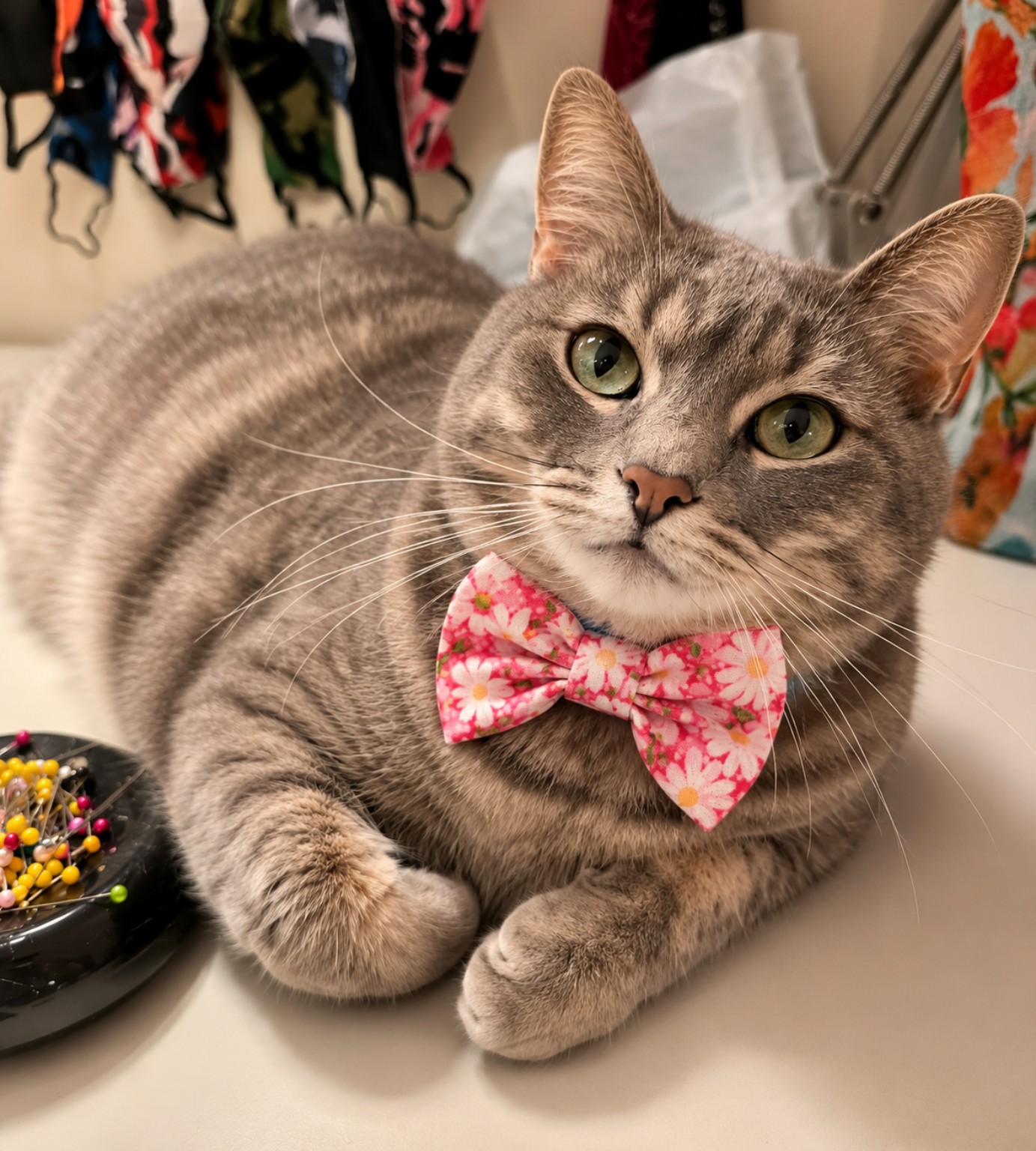A pink floral bow tie for Tuwanda’s beloved Henri.