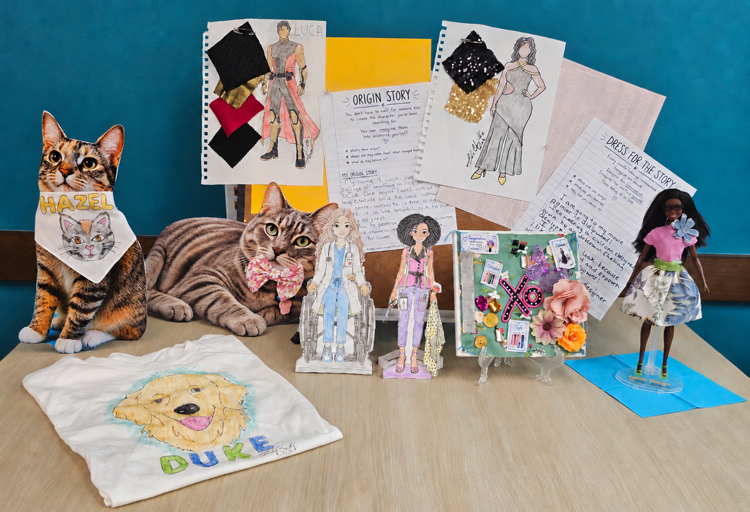 Projects from all six Fashioning Imagination programs, including fashion illustrations, paper dolls, pet designs, a fabric vision board, and miniature fashion