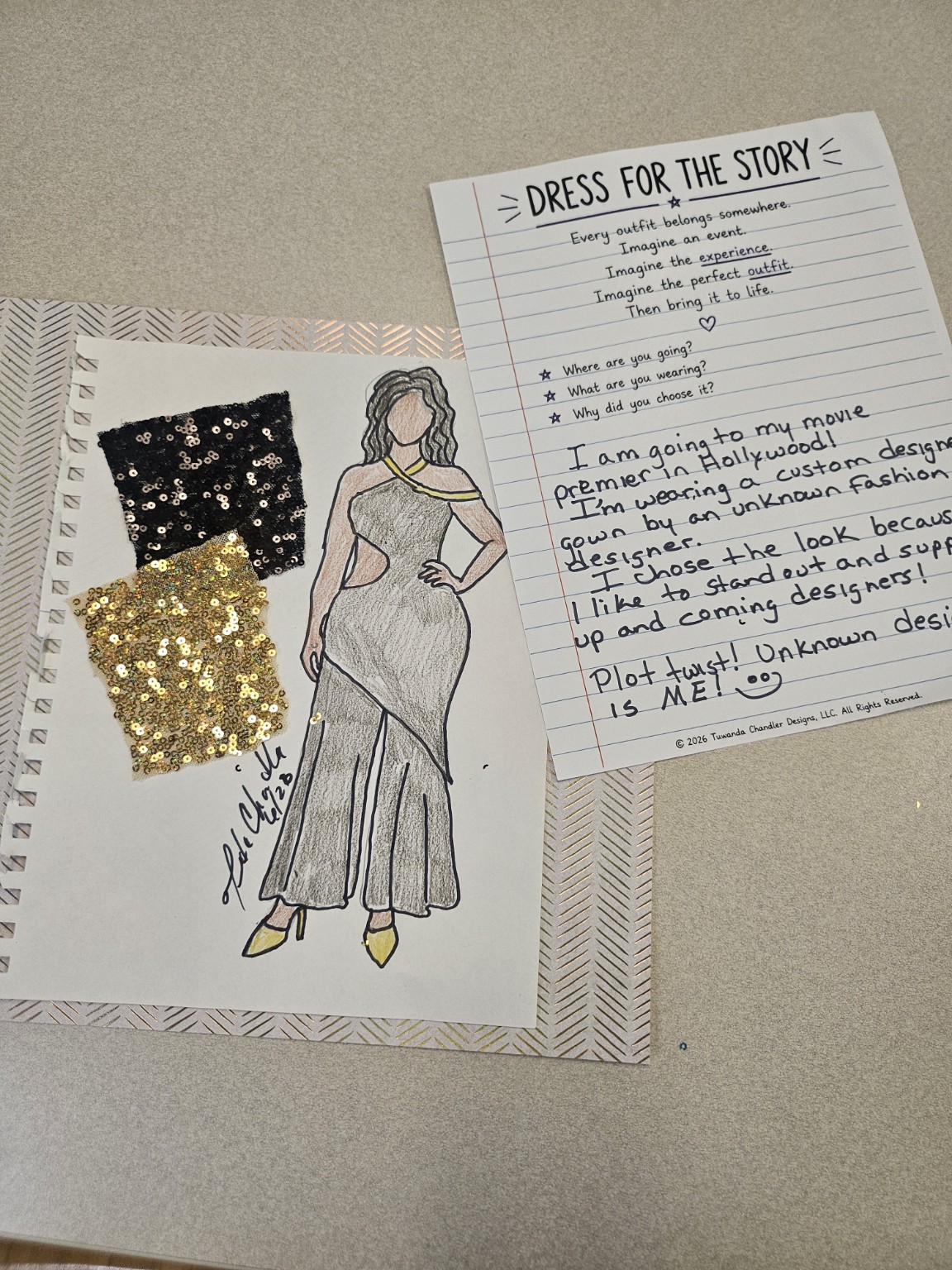 Completed fashion illustration with sequin fabric swatches and its written StyleStory