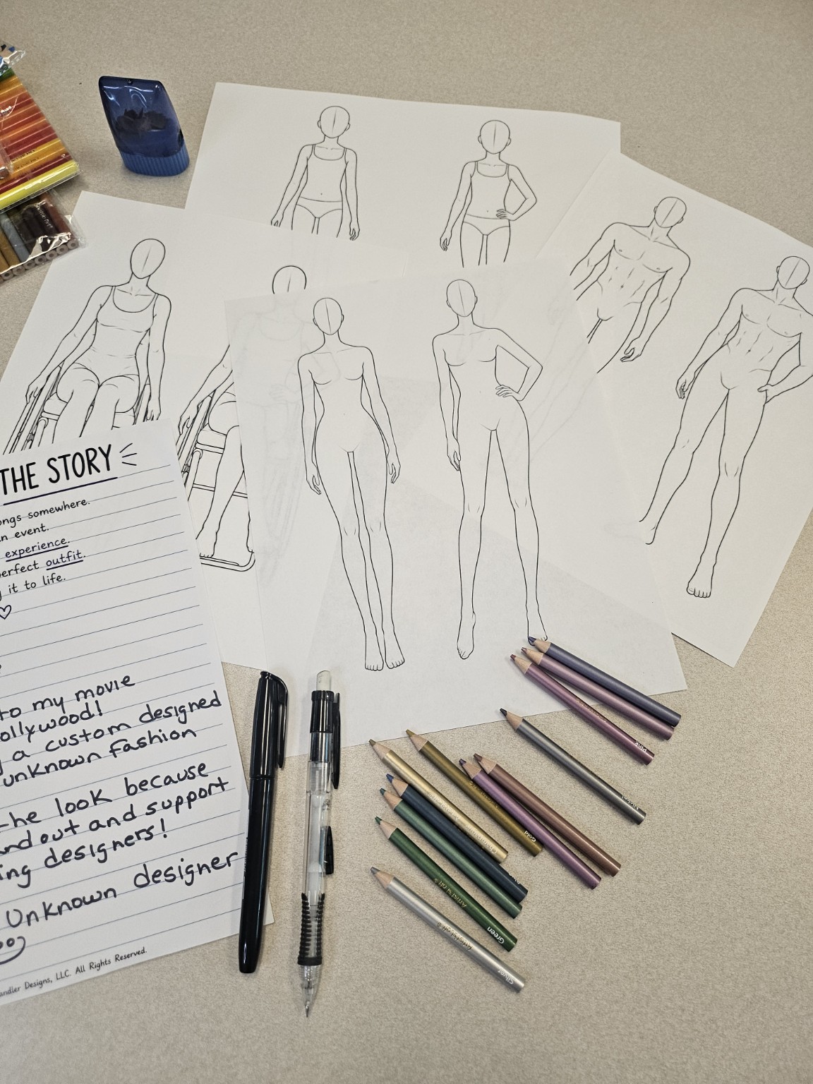 Inclusive fashion figure templates, colored pencils, and a Dress for the Story worksheet